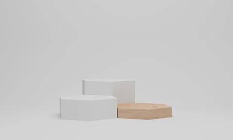 3d render. White podium in hexagon shape. Pedestal mockup on white background Stock Photos