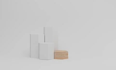 3d render. White podium in hexagon shape. Pedestal mockup on white background Stock Photos