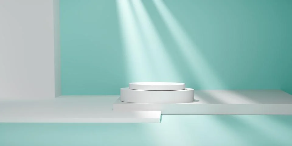 3d render white podium on mint green background with natural sunlight beam .. Stock Photos