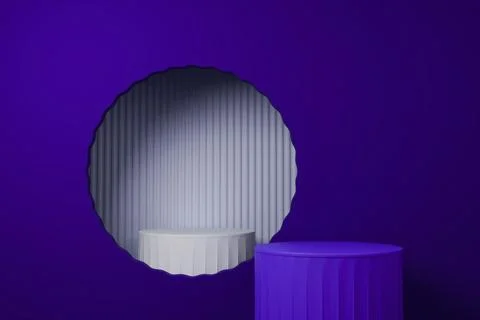 3D render White podiums on a dark purple background with a circular cutout Stock Illustration