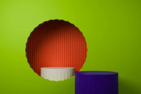 3D render White podiums on a split red and green background with a circle Stock Illustration