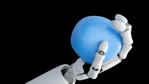 3d render of a white robotic hand squeezing a stress ball. Stock Illustration