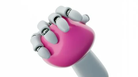 3d render of a white robotic hand squeezing a stress ball. Stock Illustration