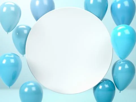 3d render of white round blank plate or board and flying blue air balloons Stock Illustration