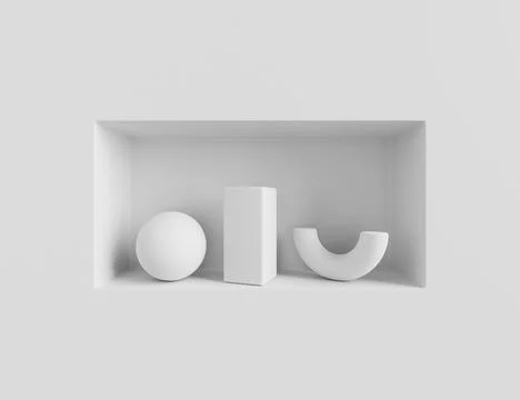3d render white wall with niche and geometric shapes. Rectangular shelf with 스톡 일러스트