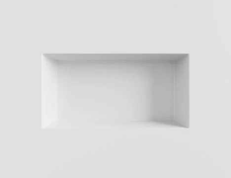 3d render white wall with rectangle shelf, empty niche in bathroom. Mockup blank Illustrazione stock