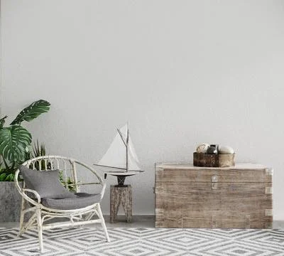 3d render of white wall room with a chair and plants and decor Stock Illustration