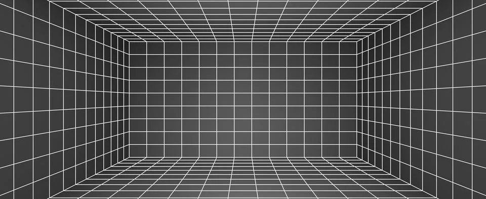 3d render white wireframe room on black background. Futuristic laser grid Stockillustratie