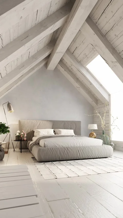 3d Render of white wood bedroom with gray bed. Video stock 294037733