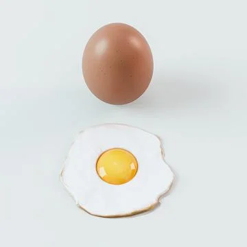 3D Render of a Whole Brown Egg Above a Fried Egg isolated on white background Ilustração Stock