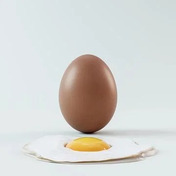 3D Render of a Whole Brown Egg Above a Fried Egg isolated on white background Ilustração Stock
