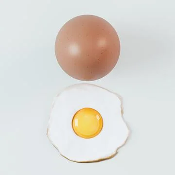 3D Render of a Whole Brown Egg Above a Fried Egg isolated on white background Ilustração Stock