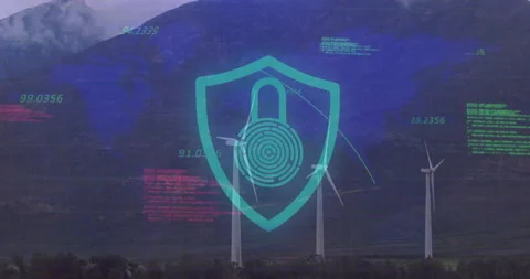 3D render wind farm showing energy security with shield padlock fingerprint icon Stock Footage 309283604