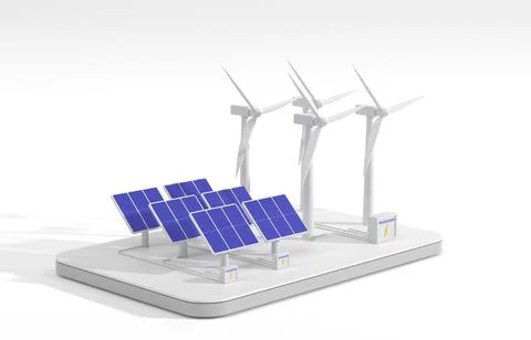 3d render, wind turbines and solar panels with battery isometric landing page Stock Illustration