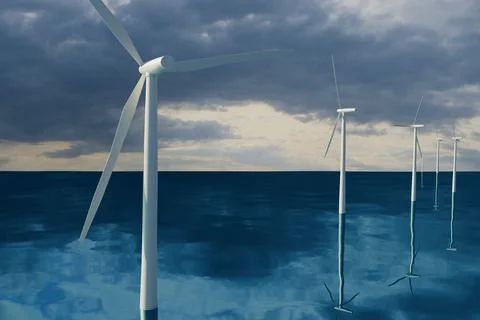 3d render of wind turbines in calm sea with dramatic skyscape Stock Illustration
