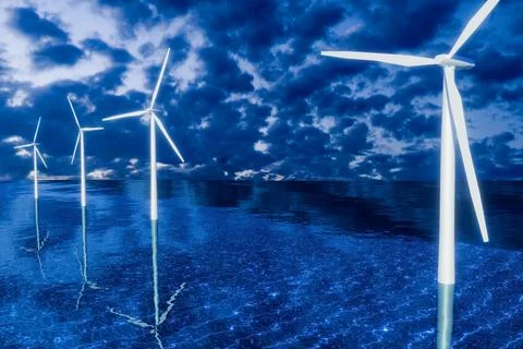3d render of wind turbines with calm waters and glowing power transmission Ilustración de archivo