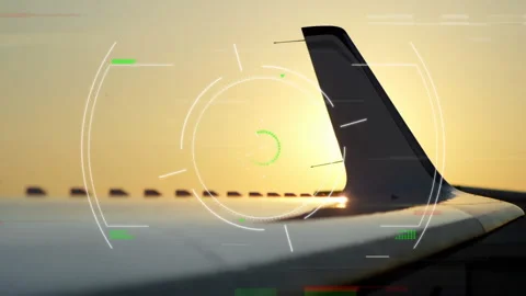 3D render winglet being highlighted against bright sunset sky, showing HUD Stock Footage 309097785