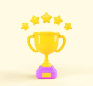 3d render winner cup with stars game score elements. Cartoon gold goblet with Illustrazione stock