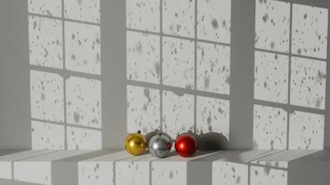 3D render of winter time illustration with falling snow behind window Stock Photos