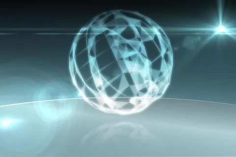 3D-render wireframe sphere floating above reflective plane emitting glow Illustrazione stock