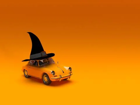 3d render. Witch hat on orange toy car on orange background. Halloween theme Foto stock