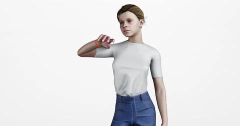 3d render of woman checking watch,  wristband or smart watch for exercise, .. Illustrazione stock