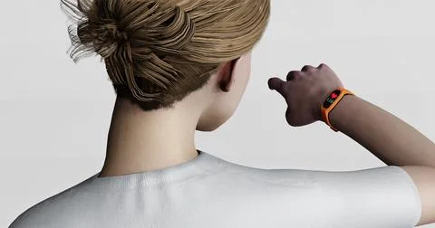 3d render of woman checking watch,  wristband or smart watch for exercise, .. Illustrazione stock
