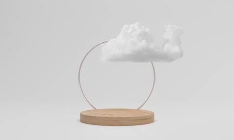 3d render. Wood podium with cloud on white background. Illustrazione stock