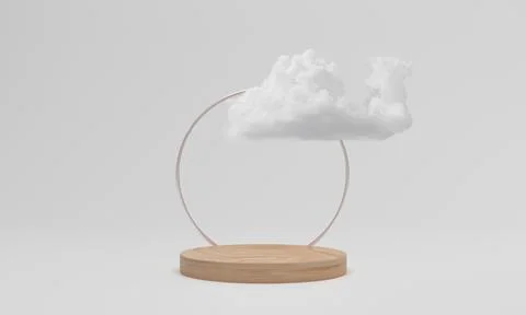 3d render. Wood podium with cloud on white background. Abstract minimal scene Stock Photos