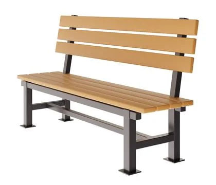 A 3D render of a wooden bench on a clear background. The bench has a metal .. Stock Illustration