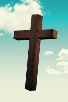 3D render of wooden cross is floating against turquoise sky gradient with Stock Illustration