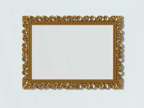 3D render wooden frame mock up. Gold carved wooden frame. Stock Illustration
