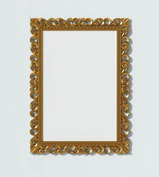 3D render wooden frame mock up. Gold carved wooden frame on white wall. Stock Illustration