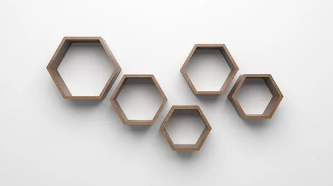 3d render wooden hexagonal shelves for books and things on a white Stock Illustration