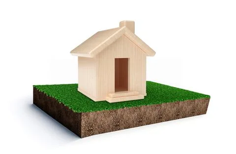 3d render of wooden Mini House on Grass patch soil earth cut piece on isolated Ilustración de archivo