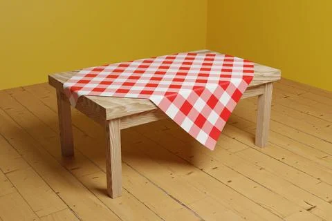 3D render of a wooden table with red and white checkered tablecloth Illustrazione stock