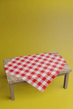 3D render of a wooden table with red and white checkered tablecloth Stockillustratie