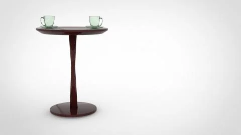 3d render of a wooden table with two set of glass tea cup and plate on top Illustrazione stock