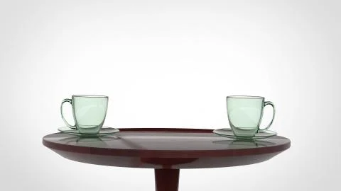 3d render of a wooden table with two set of glass tea cup and plate on top Illustrazione stock