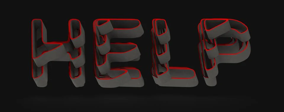 3D render of a word help design in gray color on a black background 스톡 일러스트