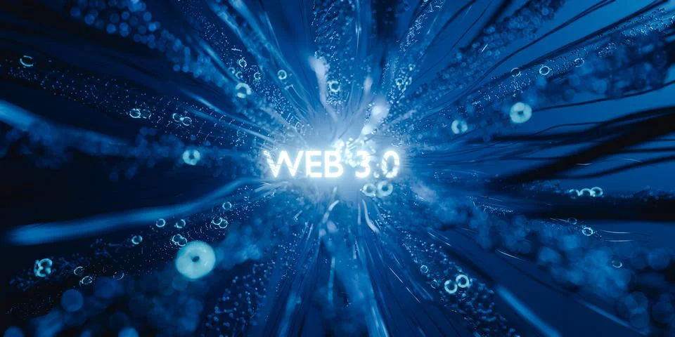 3d render. The word WEB 3.0 illuminated and glowing on a futuristic animated  Stock Illustration