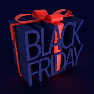 3d render. Words Black Friday as gift box with red ribbon on blue background Stock Illustration