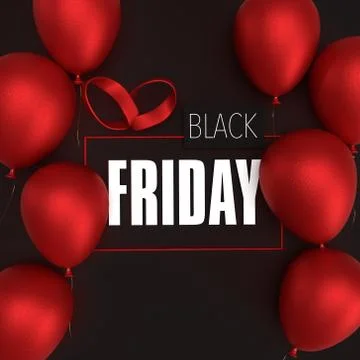 3d render. Words Black Friday in red frame with red balloons on black backgro イラスト素材