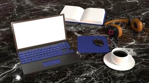 3D Render, work laptops with books, headphones, coffee glass Stock Illustration