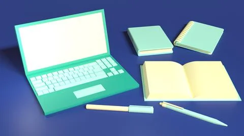 3D Render, working blue laptop with books and pens Stock Illustration