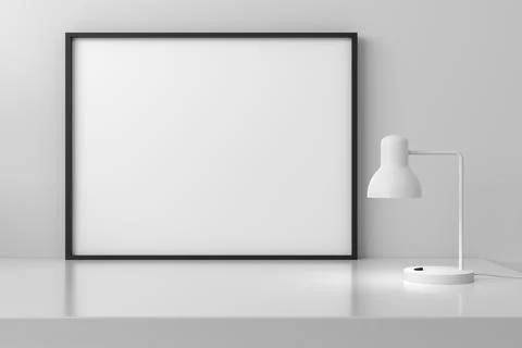 3d render of working desk mock-up with picture frame and copy space Stock Photos