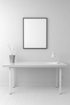 3d render of working desk mock-up with picture frame and copy space Stock Photos