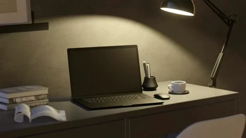 3d render. A workplace with a computer and a cup of coffee in the evening Stock Footage 197281310