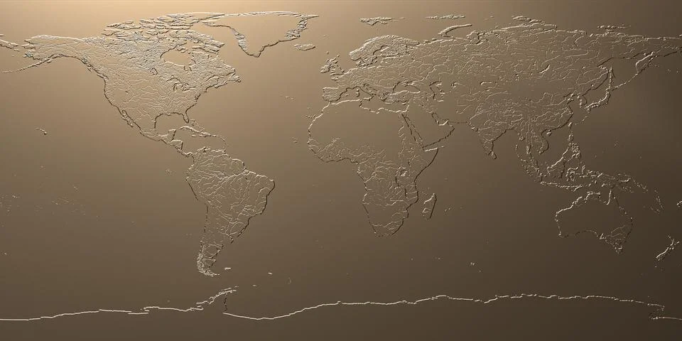 3D render of a world map engraved on a bronze metal plate. Stock Illustration