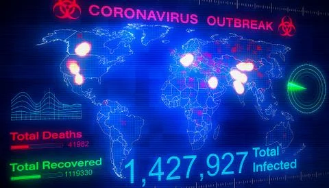 3d render of a world map showing the outbreak of the coronavirus Illustrazione stock